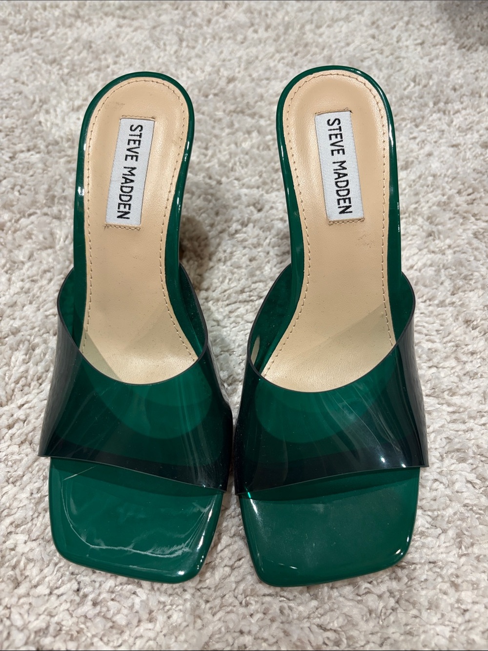 Steve Madden Emerald Green Patent Slide Mules with Clear Upper